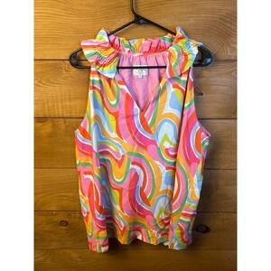 SSYS The Label Women's Sleeveless‎ Ruffle Neck Top Colorful Swirls Chic Bright